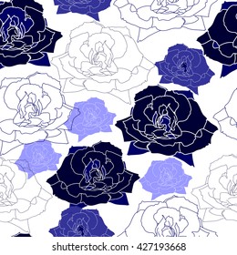 Seamless pattern with blue flowers on a white background. Hand drawn floral texture.