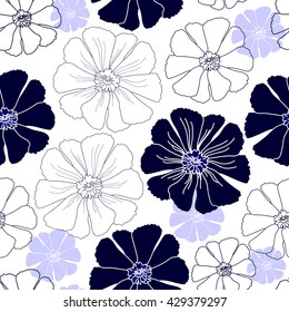 Seamless pattern with blue flowers on a white background. Hand drawn floral texture.