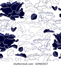 Seamless pattern with blue flowers on a white background. Hand drawn floral texture.