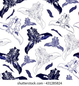 Seamless pattern with blue flowers on a white background. Hand drawn floral texture.