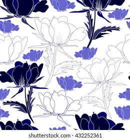 Seamless pattern with blue flowers on a white background. Hand drawn floral texture.