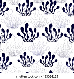 Seamless pattern with blue flowers on a white background. Hand drawn floral texture.
