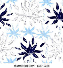 Seamless pattern with blue flowers on a white background. Hand drawn floral texture.