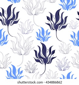 Seamless pattern with blue flowers on a white background. Hand drawn floral texture.