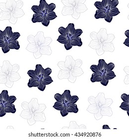 Seamless pattern with blue flowers on a white background. Hand drawn floral texture.