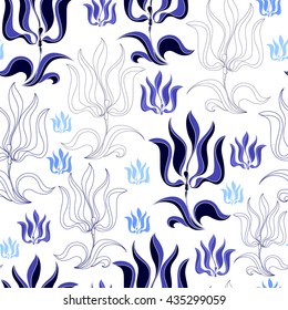 Seamless pattern with blue flowers on a white background. Hand drawn floral texture.