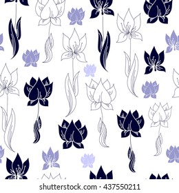 Seamless pattern with blue flowers on a white background. Hand drawn floral texture.
