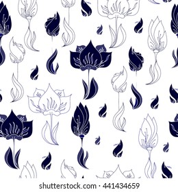 Seamless pattern with blue flowers on a white background. Hand drawn floral texture.