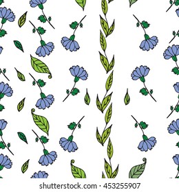 Seamless pattern of blue flowers on a white background. Cornflower meadow.