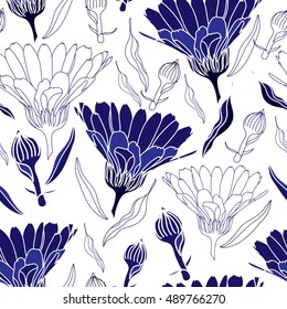 Seamless pattern with blue flowers on a white background. Hand drawn floral texture.
