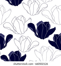 Seamless pattern with blue flowers on a white background. Hand drawn floral texture.