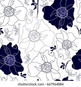 Seamless pattern with blue flowers on a white background. Hand drawn floral texture.