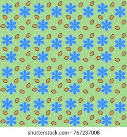 Seamless pattern of blue flowers on green background.