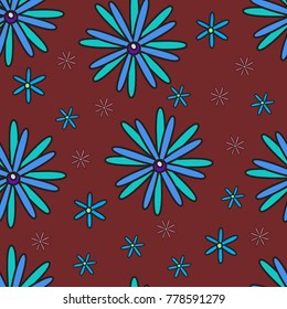 Seamless pattern with blue flowers on a brown background