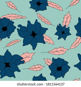 Seamless pattern blue flowers pink leaves with mint background