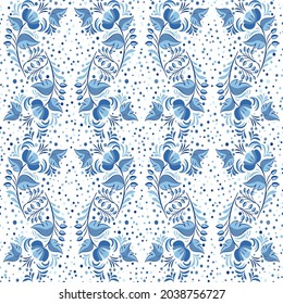 Seamless pattern with blue flowers and polka dots. Background for design in style of traditional porcelain painting Floral minimalis backdrop for fabric wallpaper or wrapping paper Vector illustration