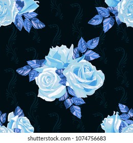 Seamless pattern of blue flowers roses and leaves on a dark background.