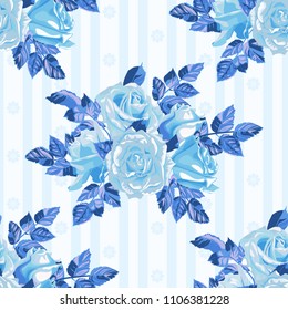 Seamless pattern of blue flowers roses and leaves.