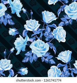 Seamless pattern of blue flowers roses and leaves on a dark background.