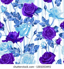 Seamless pattern of blue flowers roses and leaves.