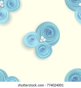 Seamless pattern with blue flowers roses and pearls