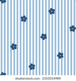 Seamless pattern with blue flowers and stripes