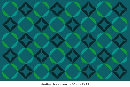 seamless pattern with blue flowers. Teal and dark gray interlocking petals are set against a teal background, offering a simple and contemporary ethnic batik feel. Floral background design art