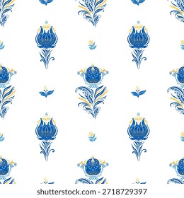 Nahtloses Muster mit blauen Blumen im traditionellen ukrainischen Petrykivka Folk Art Style