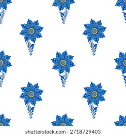 Nahtloses Muster mit blauen Blumen im traditionellen ukrainischen Petrykivka Folk Art Style