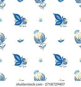 Nahtloses Muster mit blauen Blumen im traditionellen ukrainischen Petrykivka Folk Art Style