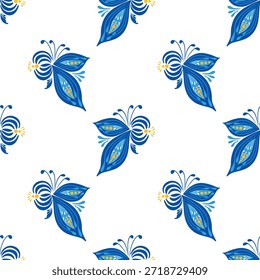 Nahtloses Muster mit blauen Blumen im traditionellen ukrainischen Petrykivka Folk Art Style