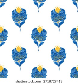 Nahtloses Muster mit blauen Blumen im traditionellen ukrainischen Petrykivka Folk Art Style
