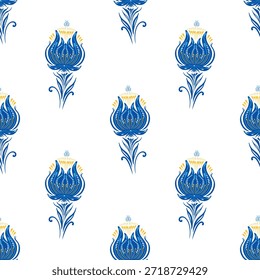 Nahtloses Muster mit blauen Blumen im traditionellen ukrainischen Petrykivka Folk Art Style
