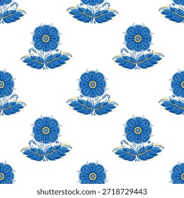 Nahtloses Muster mit blauen Blumen im traditionellen ukrainischen Petrykivka Folk Art Style