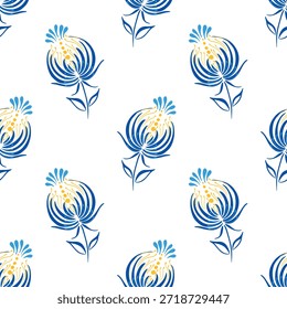 Nahtloses Muster mit blauen Blumen im traditionellen ukrainischen Petrykivka Folk Art Style