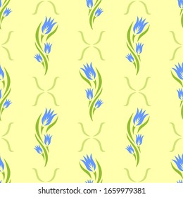 Seamless pattern with blue flowers (tulip buds) and green leaves. Floral ornament on yellow background.  Repeating texture for wallpaper design, textile, wrapping paper, web pages. Vector illustration