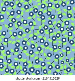 Seamless pattern of blue flowers with twig and leaves. Suitable for textile, wallpaper, backdrop, or gift wrapper.