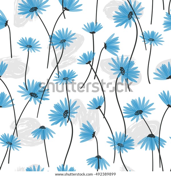 Seamless Pattern Blue Flowers Vector Floral Stock Vector (Royalty Free