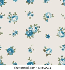 Seamless pattern with blue flowers. Vintage floral wallpaper with blooming roses