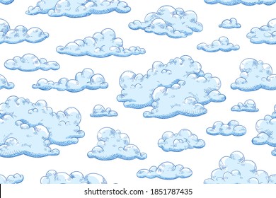 Seamless pattern with blue fluffy clouds. Hand drawn endless background with curly cumulus for wrapping or textile. Background with sky view. Vector illustration of cloudscape