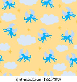 Seamless pattern with blue flying cats and clouds in orange sky with stars. Fairy childish background, cute design