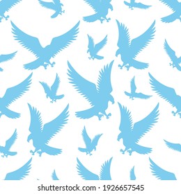 Seamless pattern with blue flying eagle birds on white background.