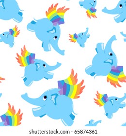 Seamless pattern blue flying elephant. Vector background.