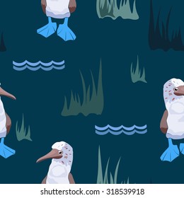 Seamless pattern with Blue footed booby, water and grass. Dark blue background.