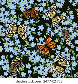 Seamless pattern of blue forget-me-nots with butterflies. Hand drawing. Not AI. Vector illustration.