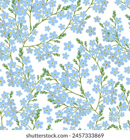 Seamless pattern of blue forget-me-nots. Hand drawing. Not AI. Vector illustration.