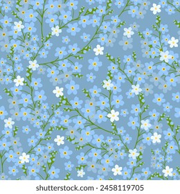 Seamless pattern of blue forget-me-nots. Hand drawing. Not AI. Vector illustration.