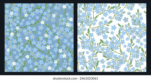 Seamless pattern of blue forget-me-nots. Hand drawing. Not AI. Vector illustration.