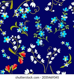 Seamless pattern blue forget-me-nots,white lilies of the valley,red wildflowers,stylized,hand drawn,on a dark blue background,for cover,for fabric,for wrapping paper,for wallpaper,for printing
