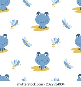 Patrón sin foco de ranas azules sobre hojas amarillas con libélulas sobre un fondo blanco. Ideal para la tela de bebé, la decoración de la casa y el papel de envoltura.